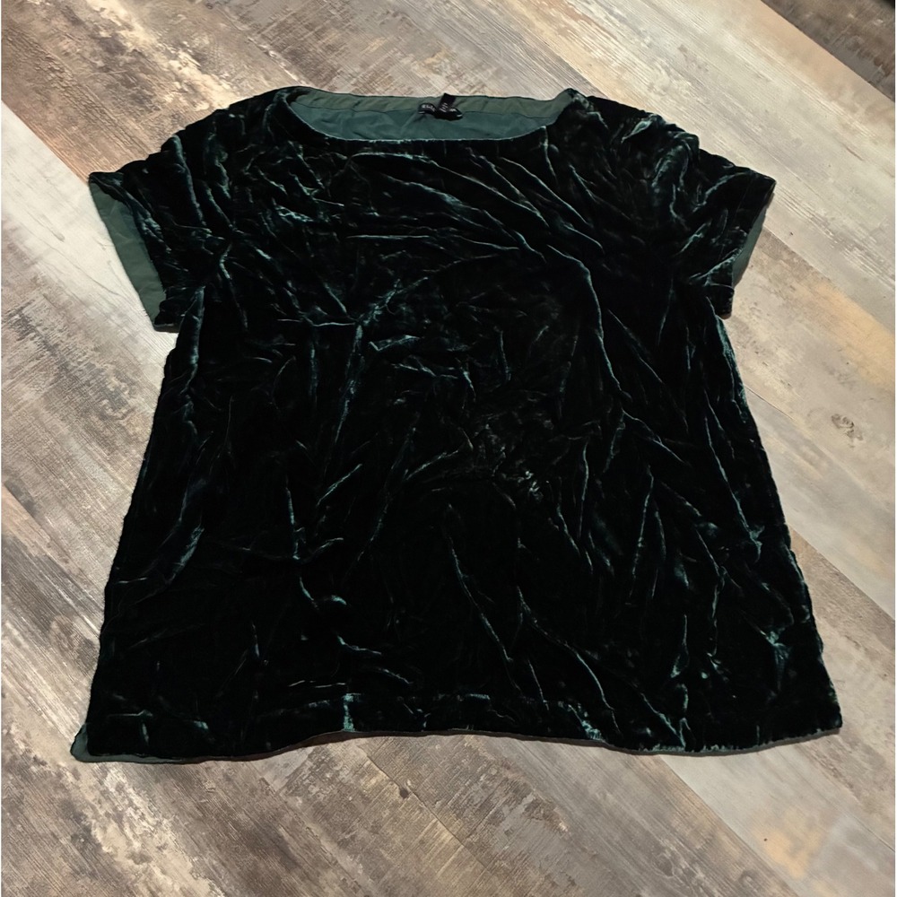 Eileen Fisher Forest Green Silk Blend Crushed Velvet Short Sleeve Top Large